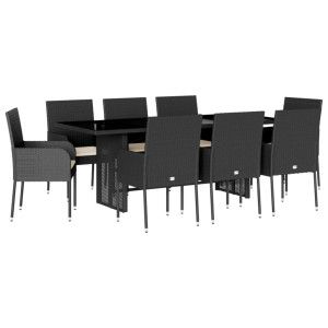 Set de comedor de jardín 9 pzas y cojines ratán sintético negro H