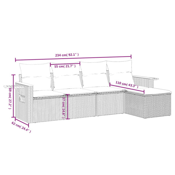5 pcs conjunto sofás de jardim com almofadões vime PE preto M 3