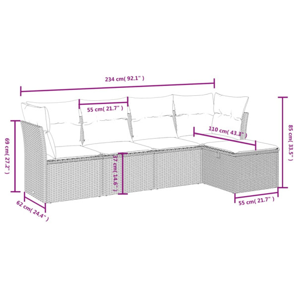 5 pcs conjunto sofás de jardim com almofadões vime PE preto M 3