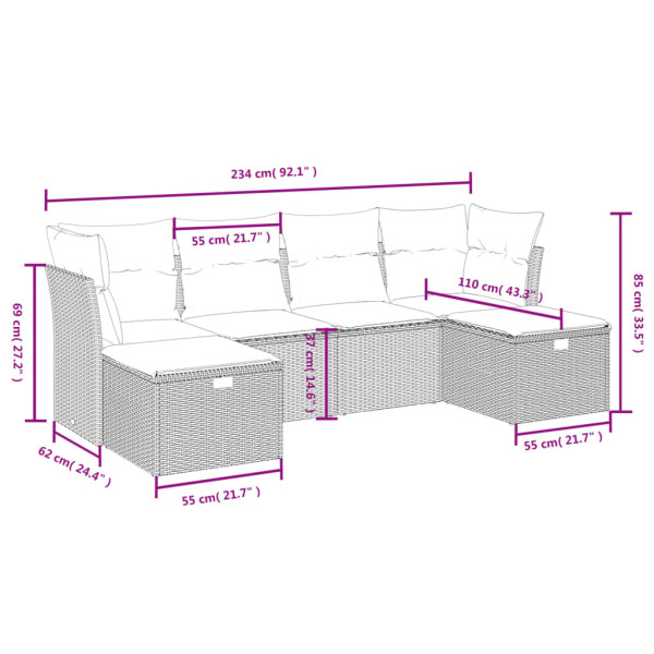 Set de muebles de jardín 6 pzas y cojines ratán sintético gris M 3