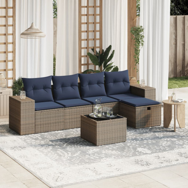 6 pcs conjunto sofás de jardim com almofadões vime cinzento D