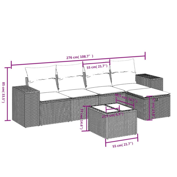 6 pcs conjunto sofás de jardim com almofadões vime cinzento M 3