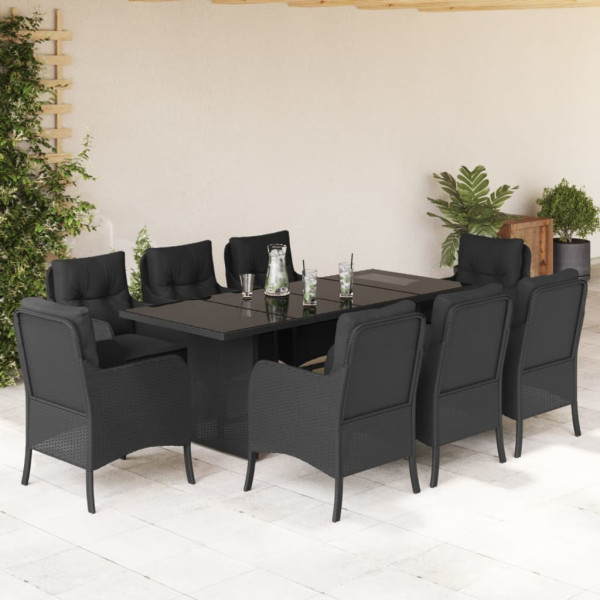 Set de comedor de jardín 9 pzas y cojines ratán sintético negro D