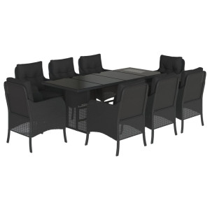 Set de comedor de jardín 9 pzas y cojines ratán sintético negro H