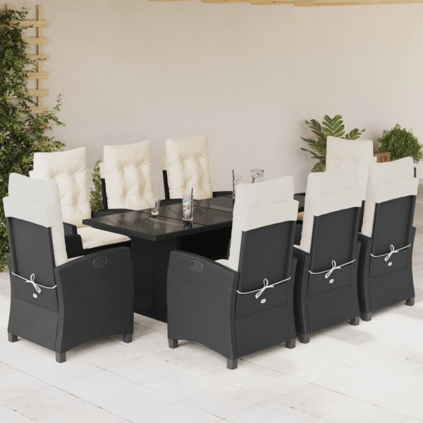 Set de comedor de jardín 9 pzas y cojines ratán sintético negro D