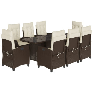 Set comedor para jardín 9 pzas y cojines ratán sintético marrón H