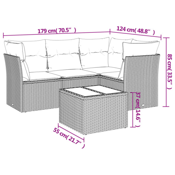 5 pcs conjunto sofás de jardim com almofadões vime PE preto M 3