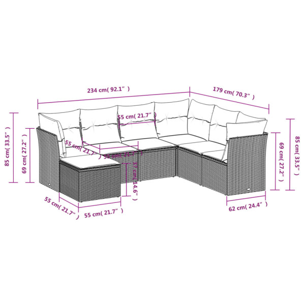 7 pcs conjunto de sofás p/ jardim c/ almofadões vime PE preto M 3