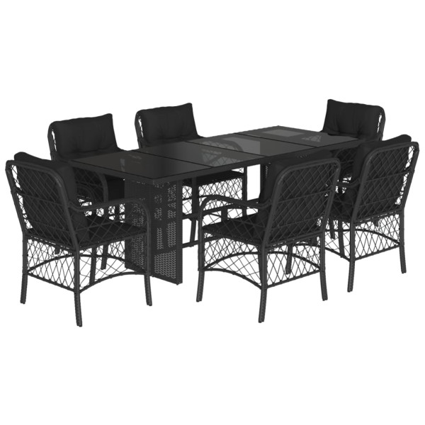 7 pcs conjunto de jantar p/ jardim c/ almofadões vime PE preto M 2