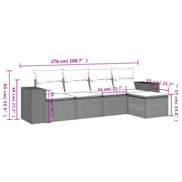 5 pcs conjunto sofás de jardim com almofadões vime PE preto M 3