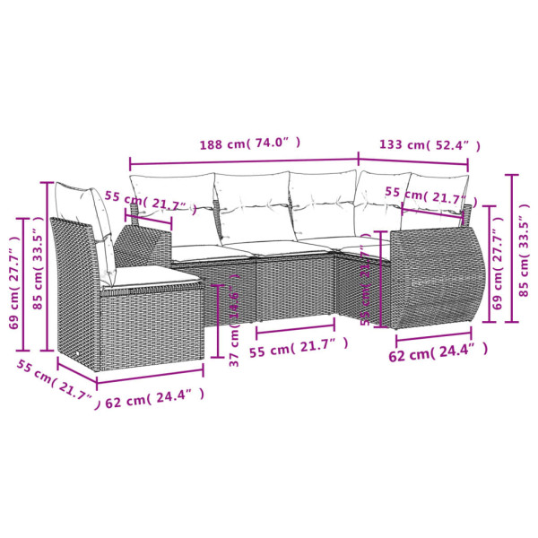 5 pcs conjunto sofás de jardim com almofadões vime PE preto M 3