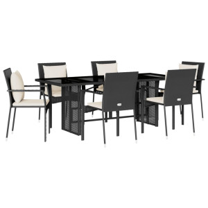 Set de comedor de jardín 7 pzas y cojines ratán sintético negro H