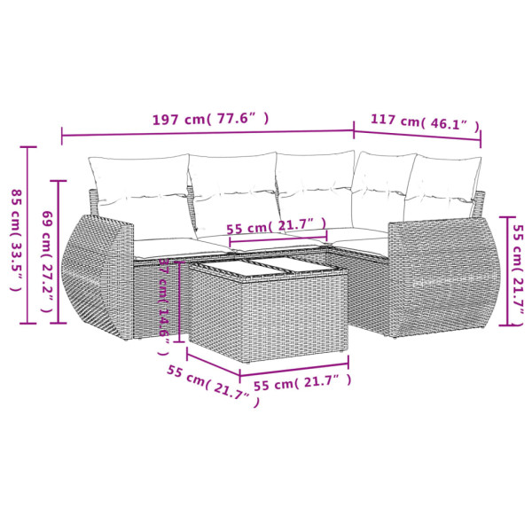 Set de muebles de jardín 5 pzas y cojines ratán sintético negro M 3