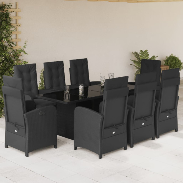 Set de comedor de jardín 9 pzas y cojines ratán sintético negro D