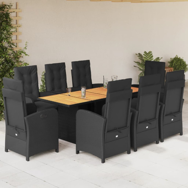 Set de comedor de jardín 9 pzas y cojines ratán sintético negro D