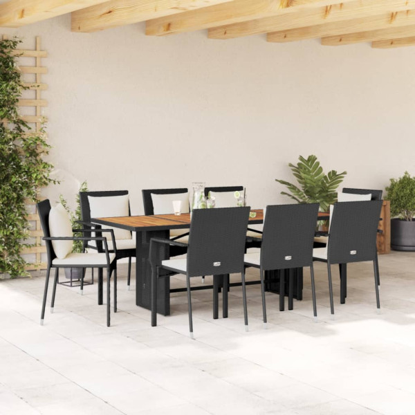 Set de comedor de jardín 9 pzas y cojines ratán sintético negro D
