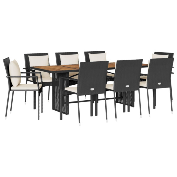 Set de comedor de jardín 9 pzas y cojines ratán sintético negro M 2