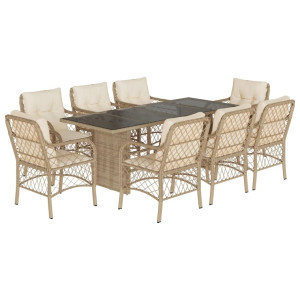 Set comedor de jardín 9 pzas con cojines ratán sintético beige H