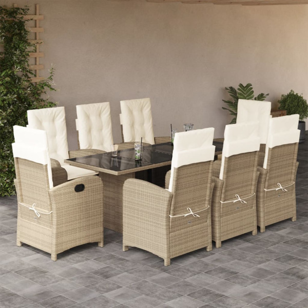 Set comedor de jardín 9 pzas con cojines ratán sintético beige D