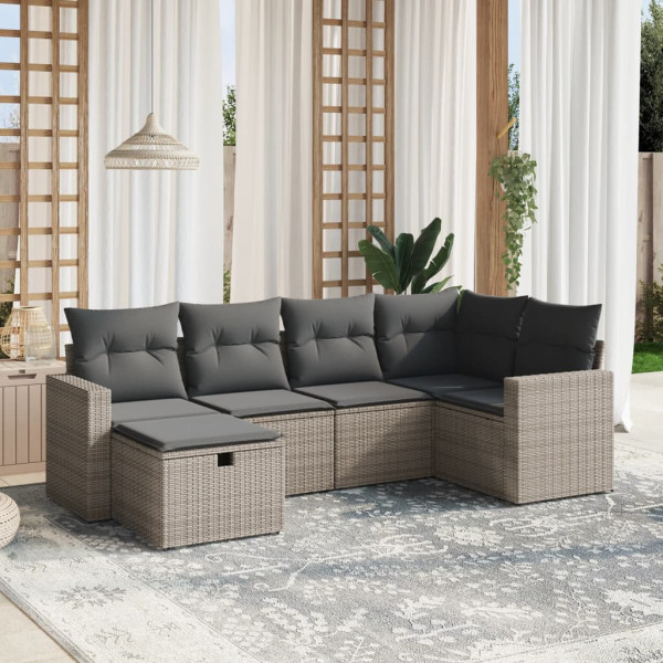 6 pcs conjunto sofás de jardim com almofadões vime cinzento D