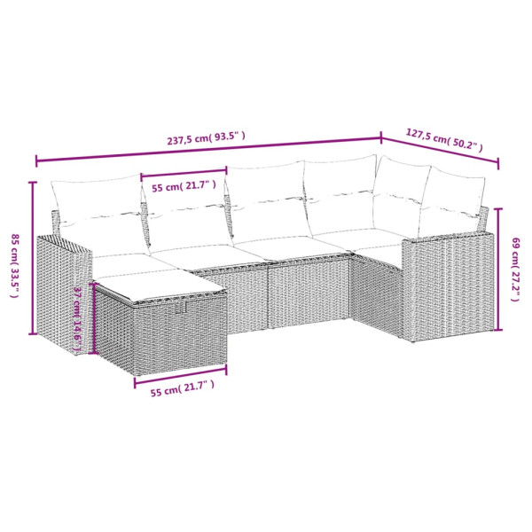 Set de muebles de jardín 6 pzas y cojines ratán sintético gris M 3