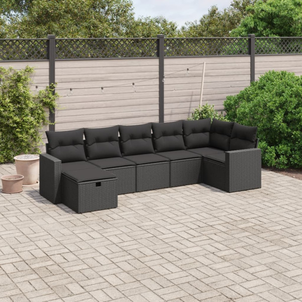 7 pcs conjunto de sofás p/ jardim c/ almofadões vime PE preto D