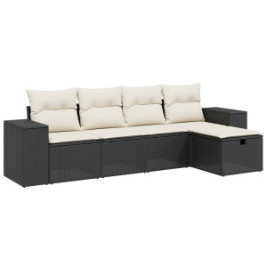 5 pcs conjunto sofás de jardim com almofadões vime PE preto H