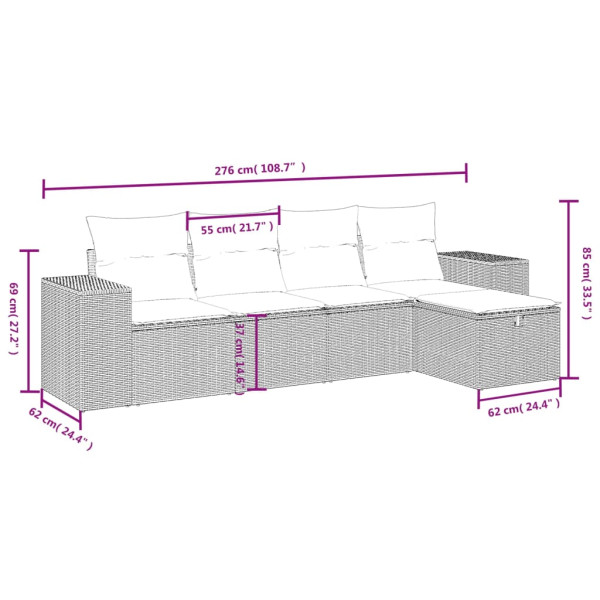 5 pcs conjunto sofás de jardim com almofadões vime PE preto M 3