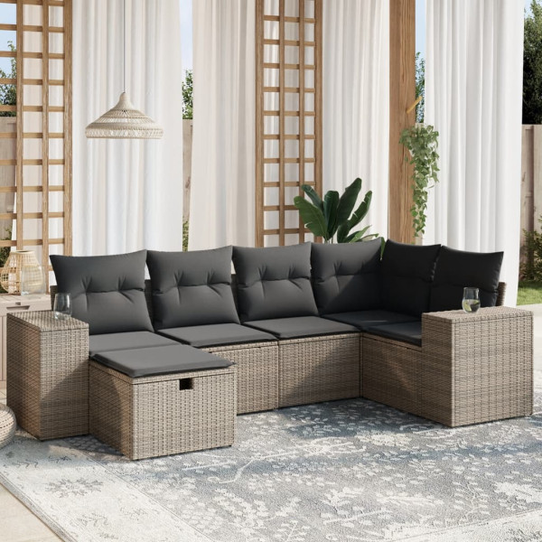 6 pcs conjunto sofás de jardim com almofadões vime cinzento D