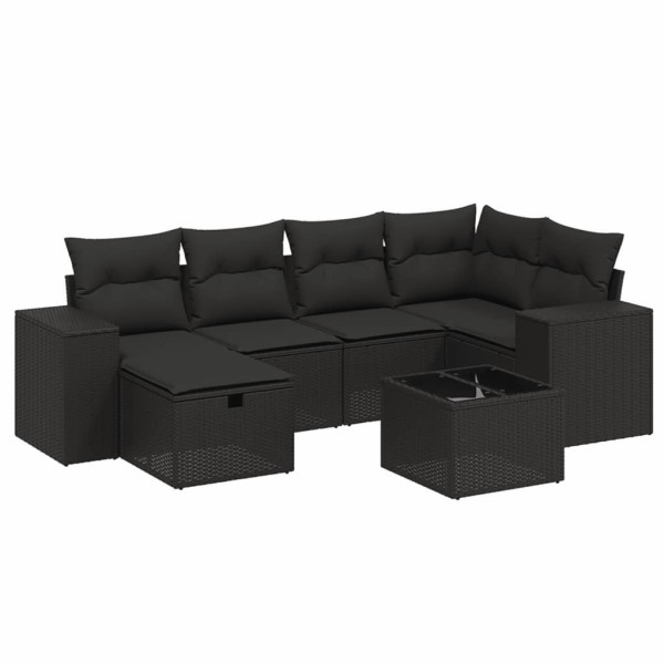Set de comedor de jardín 7 pzas y cojines ratán sintético negro M 2