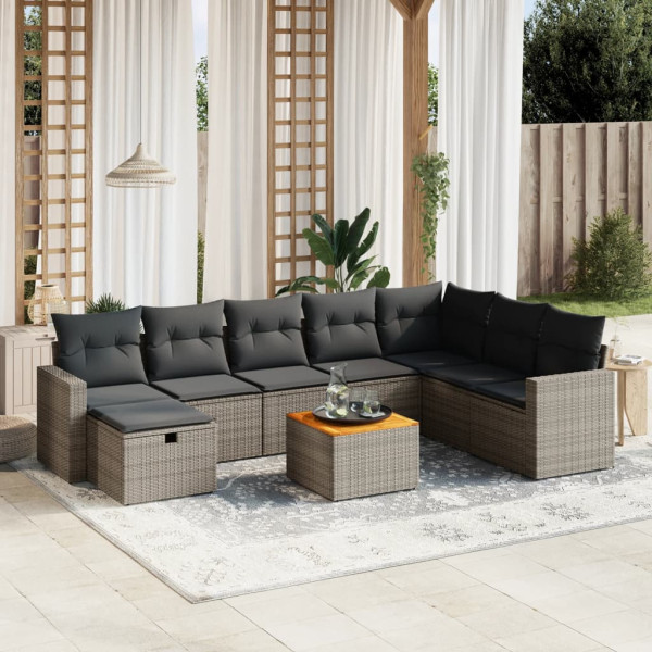 Set de muebles de jardín 9 pzas y cojines ratán sintético gris D
