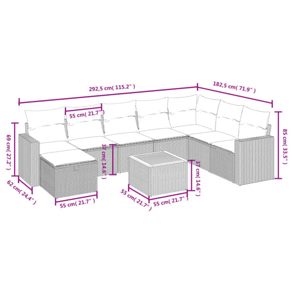 Set de muebles de jardín 9 pzas y cojines ratán sintético gris M 3