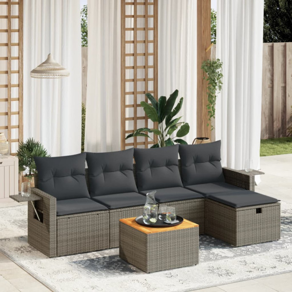 6 pcs conjunto sofás de jardim com almofadões vime cinzento D