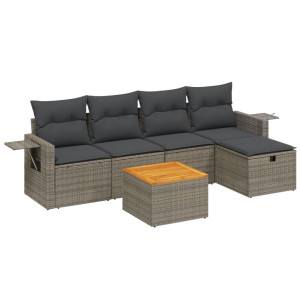 6 pcs conjunto sofás de jardim com almofadões vime cinzento H