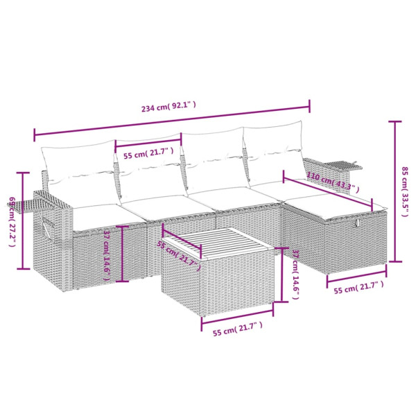 6 pcs conjunto sofás de jardim com almofadões vime cinzento M 3