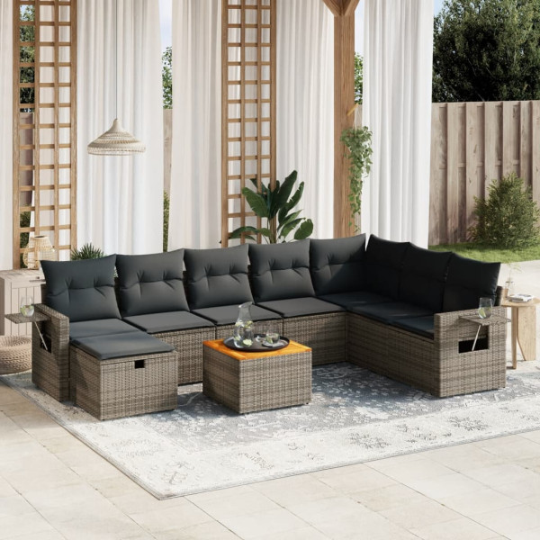 9 pcs conjunto sofás p/ jardim com almofadões vime PE cinzento D