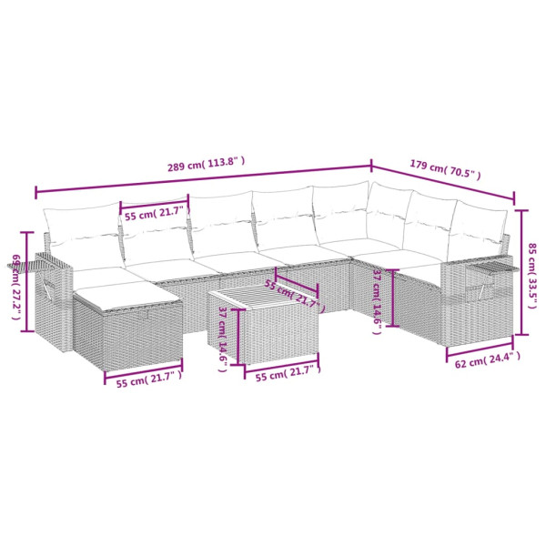 9 pcs conjunto sofás p/ jardim com almofadões vime PE cinzento M 3