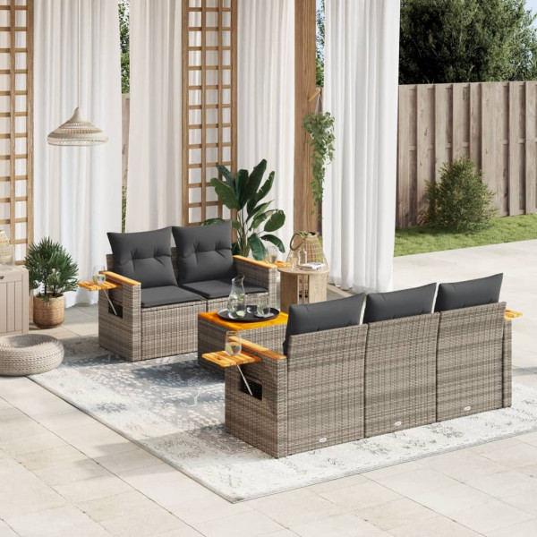 6 pcs conjunto sofás de jardim com almofadões vime cinzento D