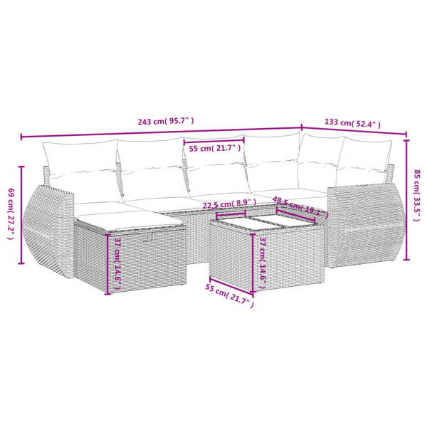Set de comedor de jardín 7 pzas y cojines ratán sintético negro M 3