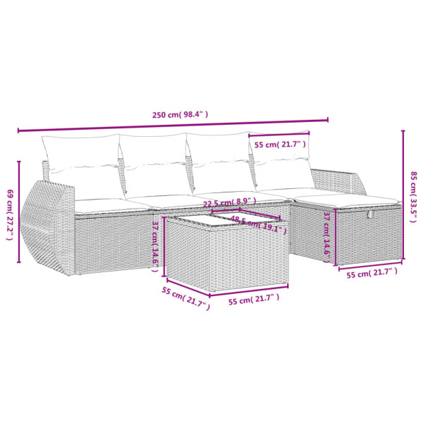 Set de muebles de jardín 6 pzas y cojines ratán sintético gris M 3
