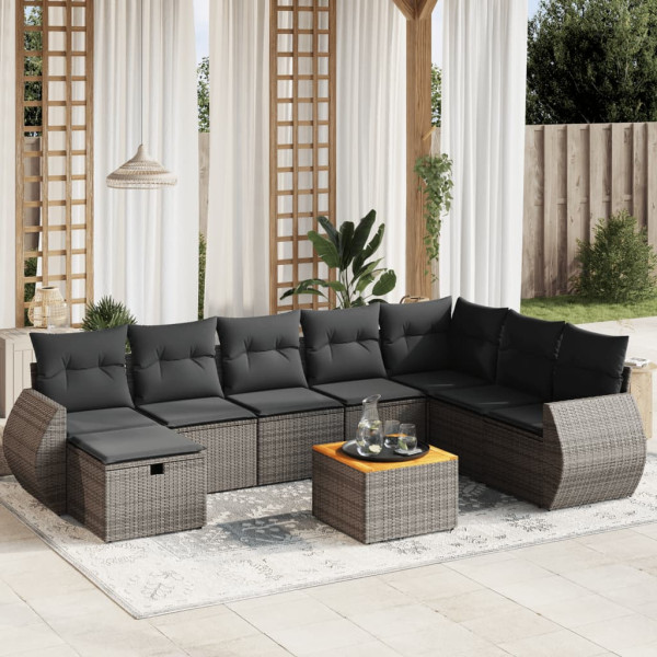 9 pcs conjunto sofás p/ jardim com almofadões vime PE cinzento D