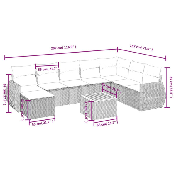 9 pcs conjunto sofás p/ jardim com almofadões vime PE cinzento M 3