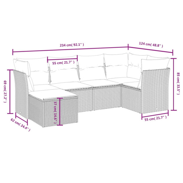 Set de muebles de jardín 6 pzas y cojines ratán sintético gris M 3
