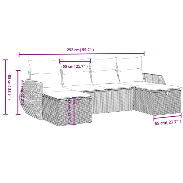 6 pcs conjunto sofás de jardim com almofadões vime cinzento M 3
