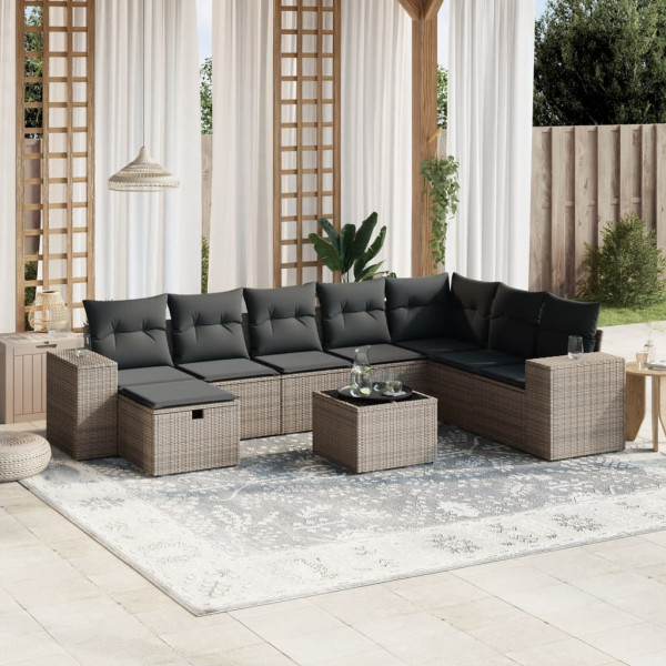 9 pcs conjunto sofás p/ jardim com almofadões vime PE cinzento D