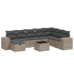 Set de muebles de jardín 9 pzas y cojines ratán sintético gris H