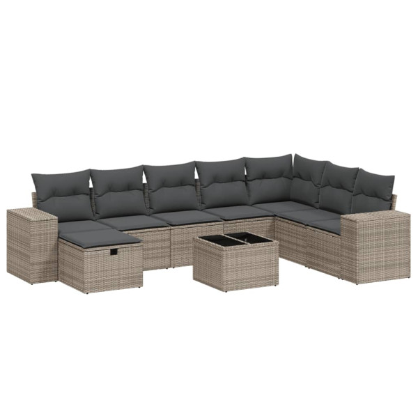 Set de muebles de jardín 9 pzas y cojines ratán sintético gris M 2