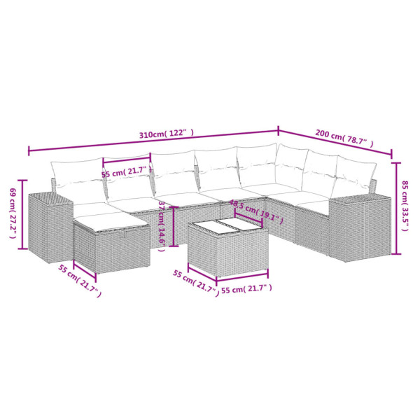 9 pcs conjunto sofás p/ jardim com almofadões vime PE cinzento M 3