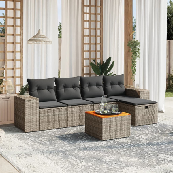 Set de muebles de jardín 6 pzas y cojines ratán sintético gris D