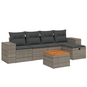 6 pcs conjunto sofás de jardim com almofadões vime cinzento H